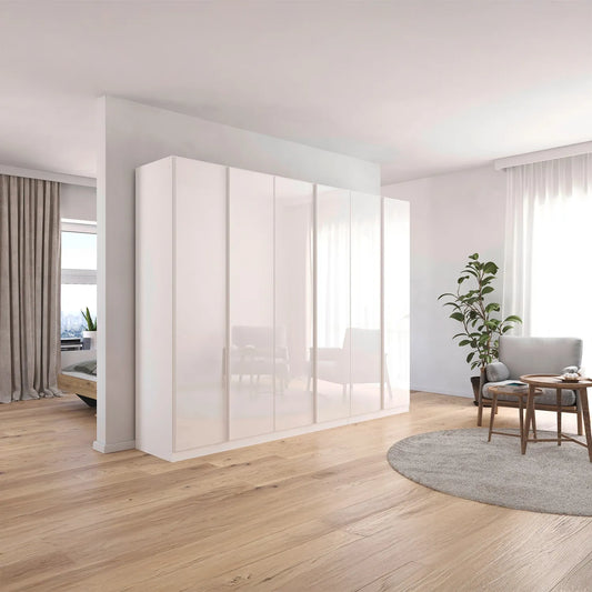 Novus 6 Door Glass Hinged Wardrobe in White - 271cm - Styled in a Bedroom