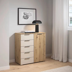 Rauch Monza Chest Of Drawers With 1 Door & 5 Drawers- 80cm in Artisan Oak & Champagne Drawers styled in a beautiful room