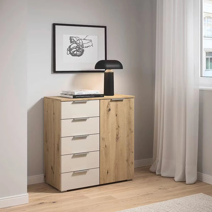 Rauch Monza Chest Of Drawers With 1 Door & 5 Drawers- 80cm in Artisan Oak & Champagne Drawers styled in a beautiful room