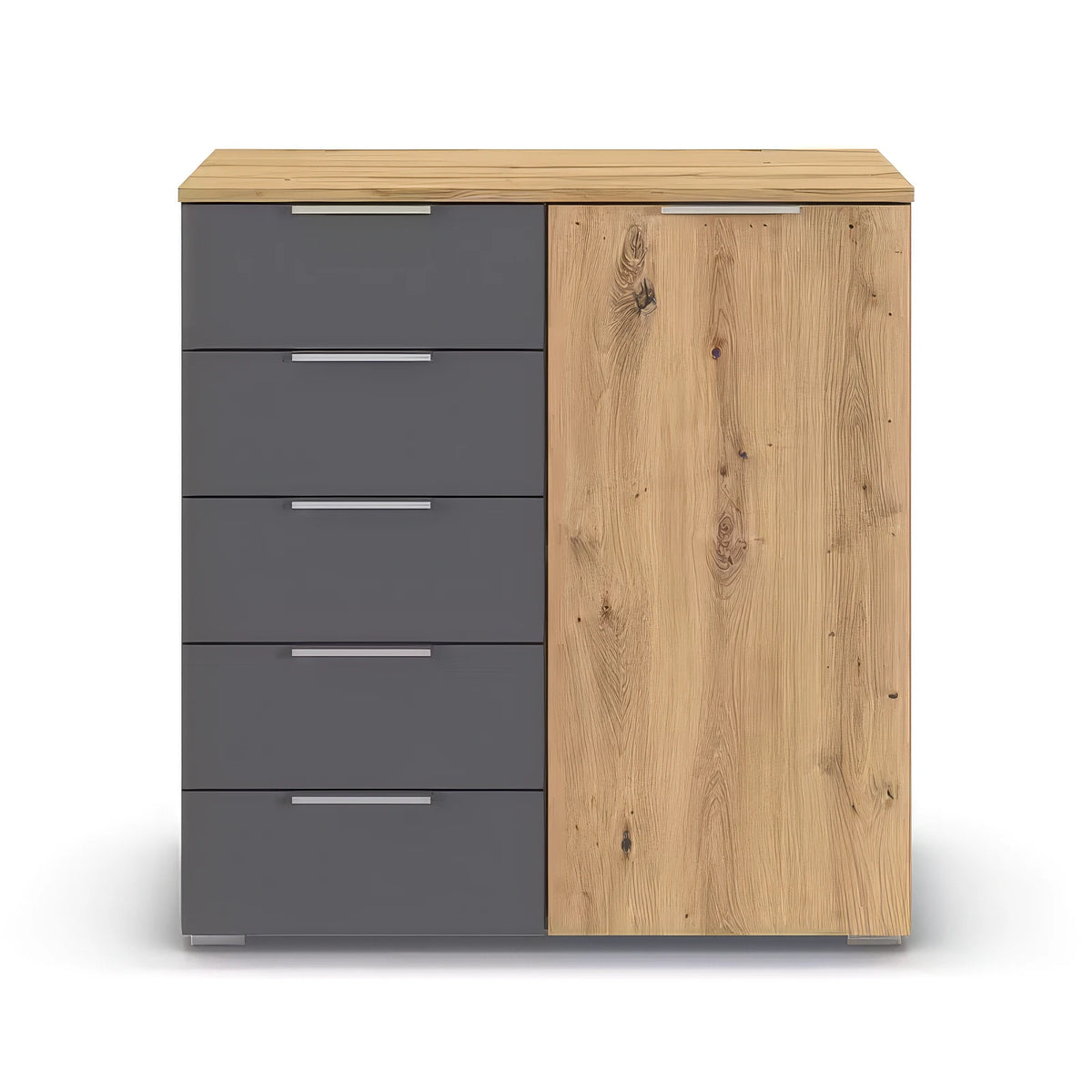 Rauch Monza Chest Of Drawers With 1 Door & 5 Drawers- 80cm in Artisan Oak & Metallic Grey front view