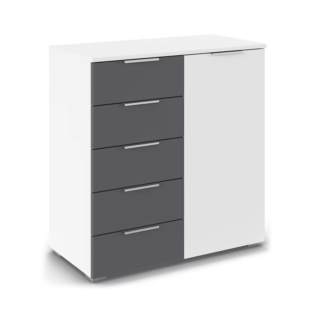 Rauch Monza Chest Of Drawers With 1 Door & 5 Drawers- 80cm in Alpine White & Metallic Grey Drawers