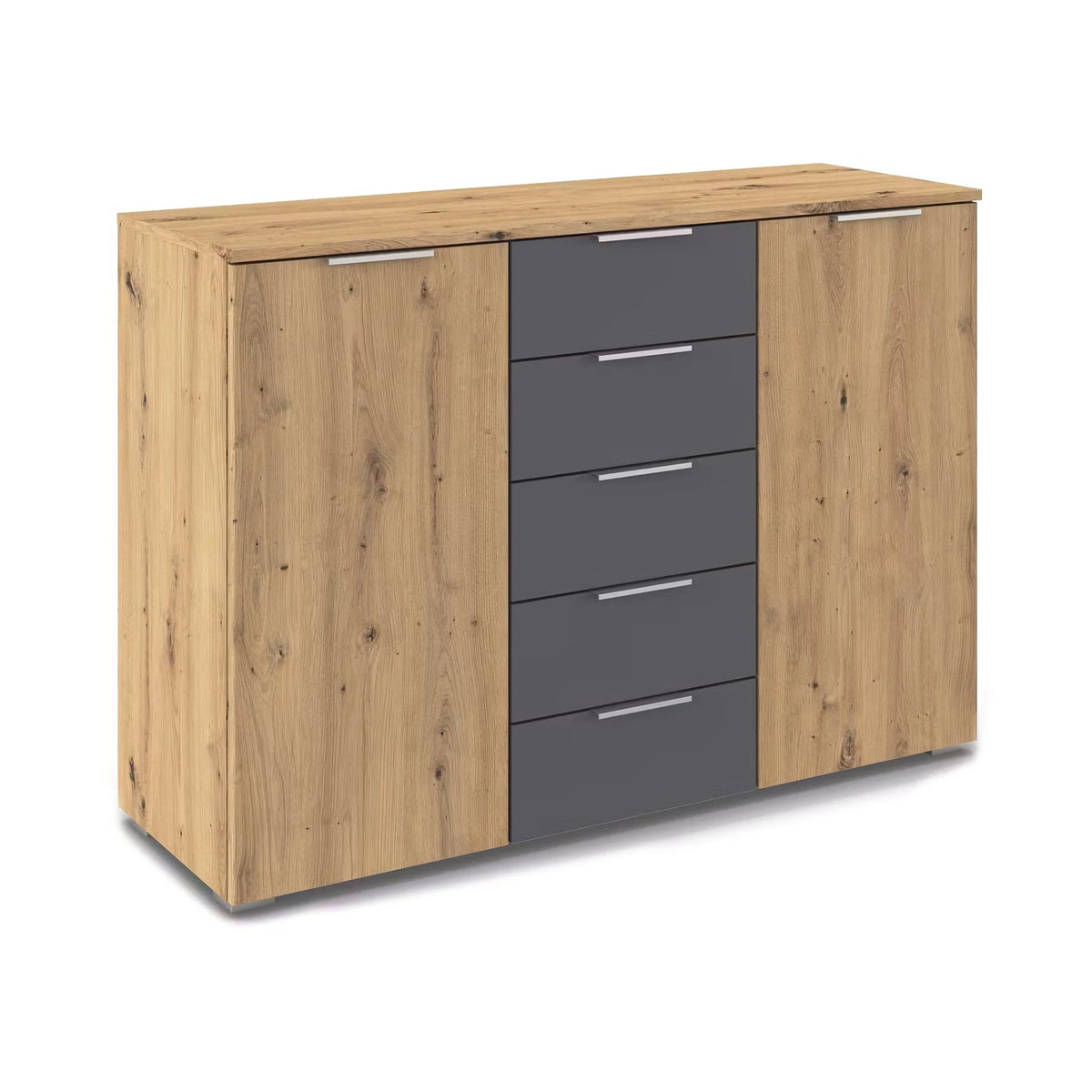 Rauch Monza 2 Doors & 5 Drawers Chest - 120cm in Artisan Oak & Metallic Grey Drawers