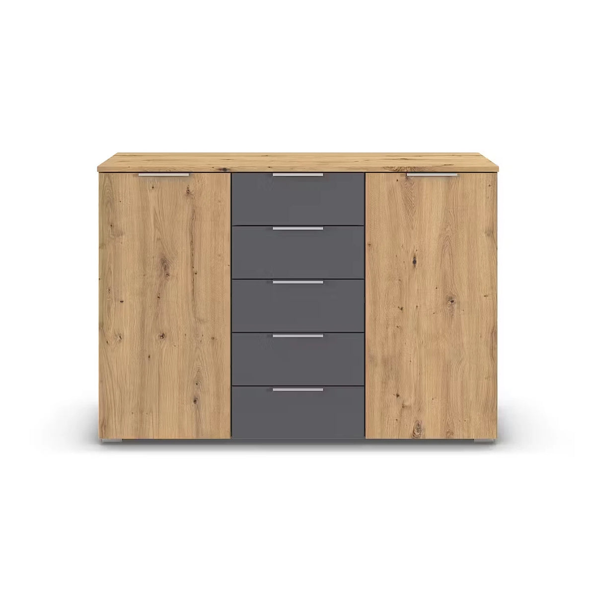 Rauch Monza 2 Doors & 5 Drawers Chest - 120cm in Artisan Oak & Metallic Grey Drawers front view