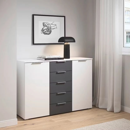 Rauch Monza 2 Doors & 5 Drawers Chest - 120cm in Alpine White & Metallic Grey styled in a modern bedroom