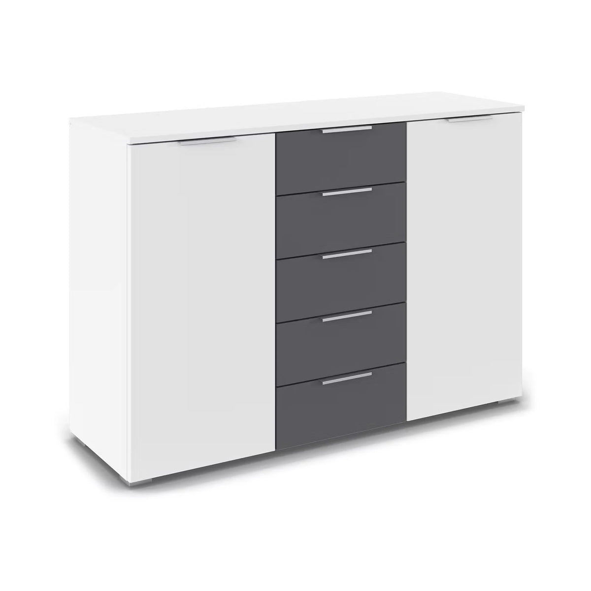 Rauch Monza 2 Doors & 5 Drawers Chest - 120cm in Alpine White & Metallic Grey Drawers