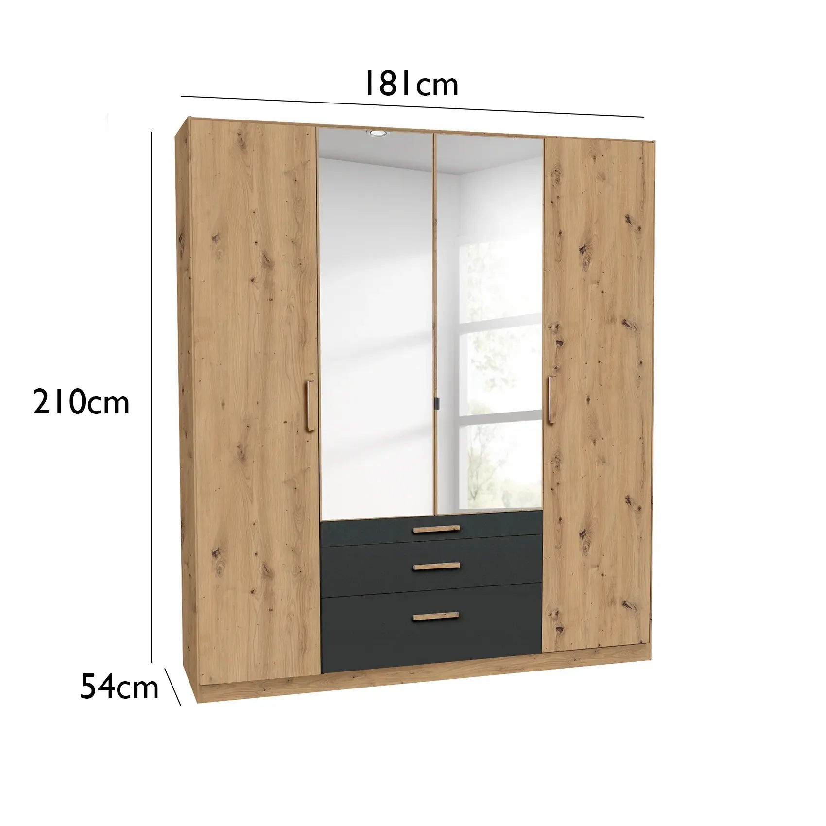 Mosbach 4 Door Graphite & Oak Wardrobe with Mirror and Drawers - 181cm - Dimensions