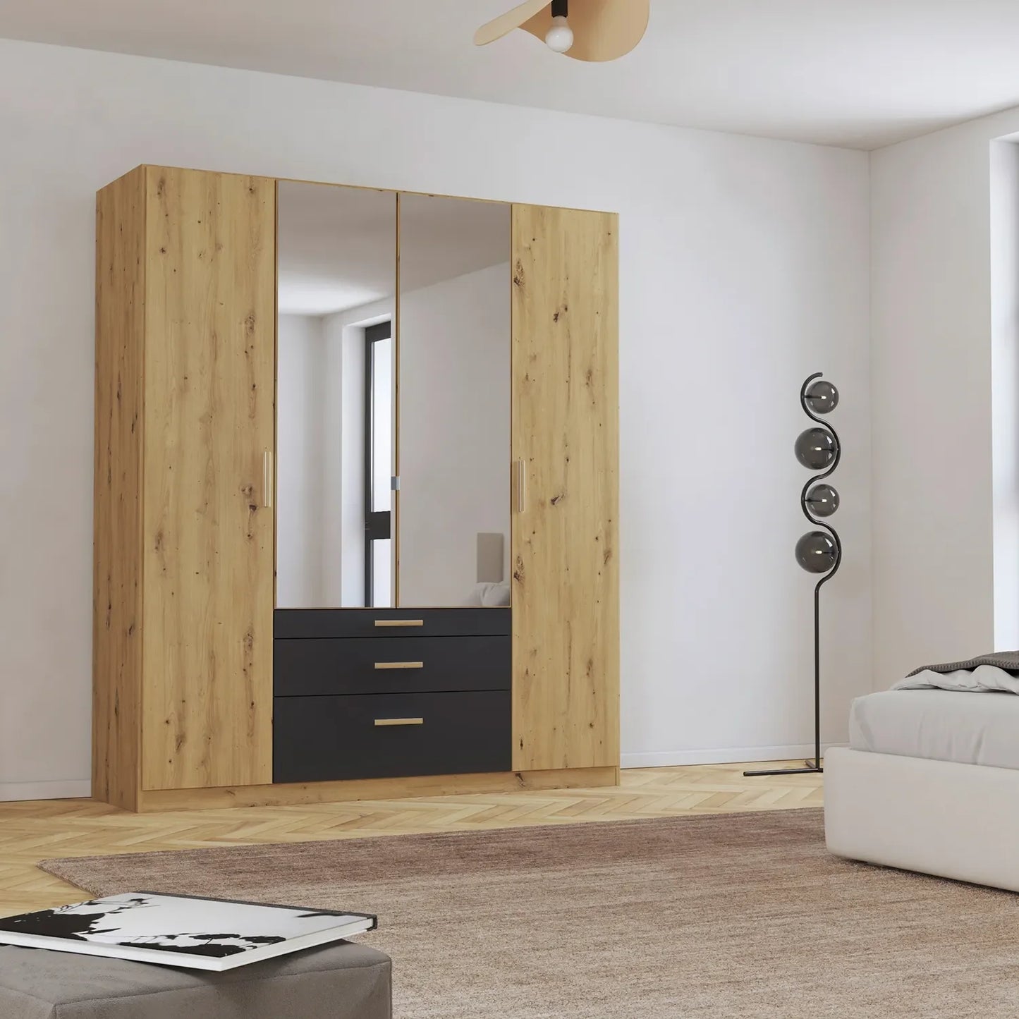 Mosbach 4 Door Graphite & Oak Wardrobe with Mirror and Drawers - 181cm - Styled in a Bedroom