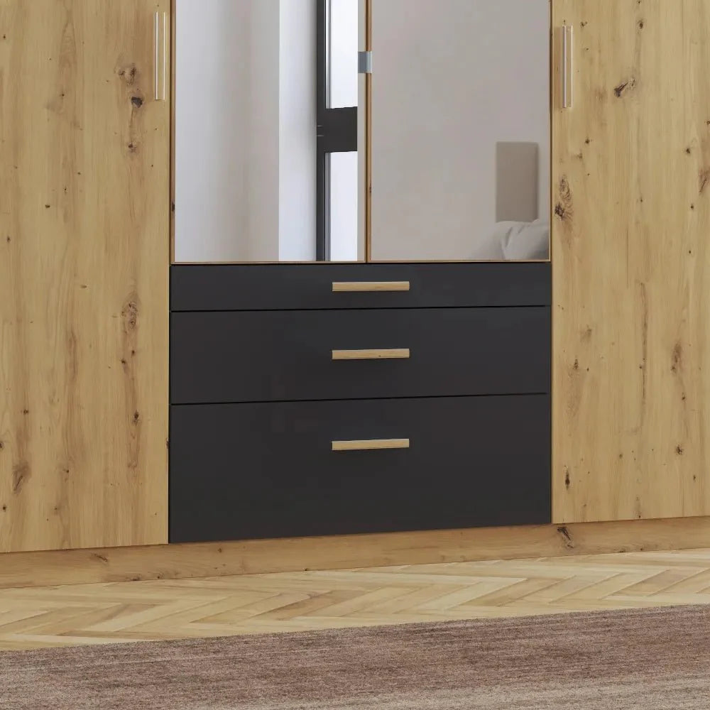 Mosbach 4 Door Graphite & Oak Wardrobe with Mirror and Drawers - 181cm - Drawers view with Handles