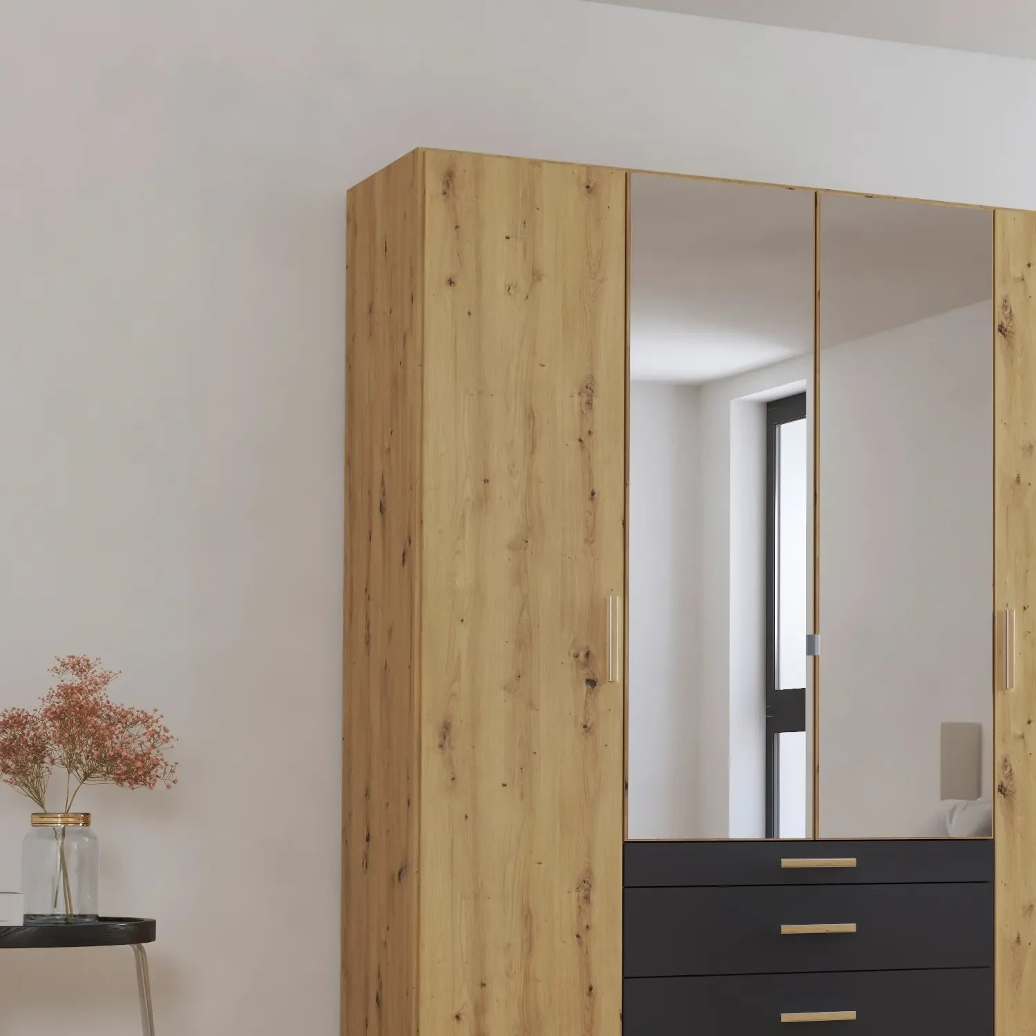 Mosbach 4 Door Graphite & Oak Wardrobe with Mirror and Drawers - 181cm - Side Angle view