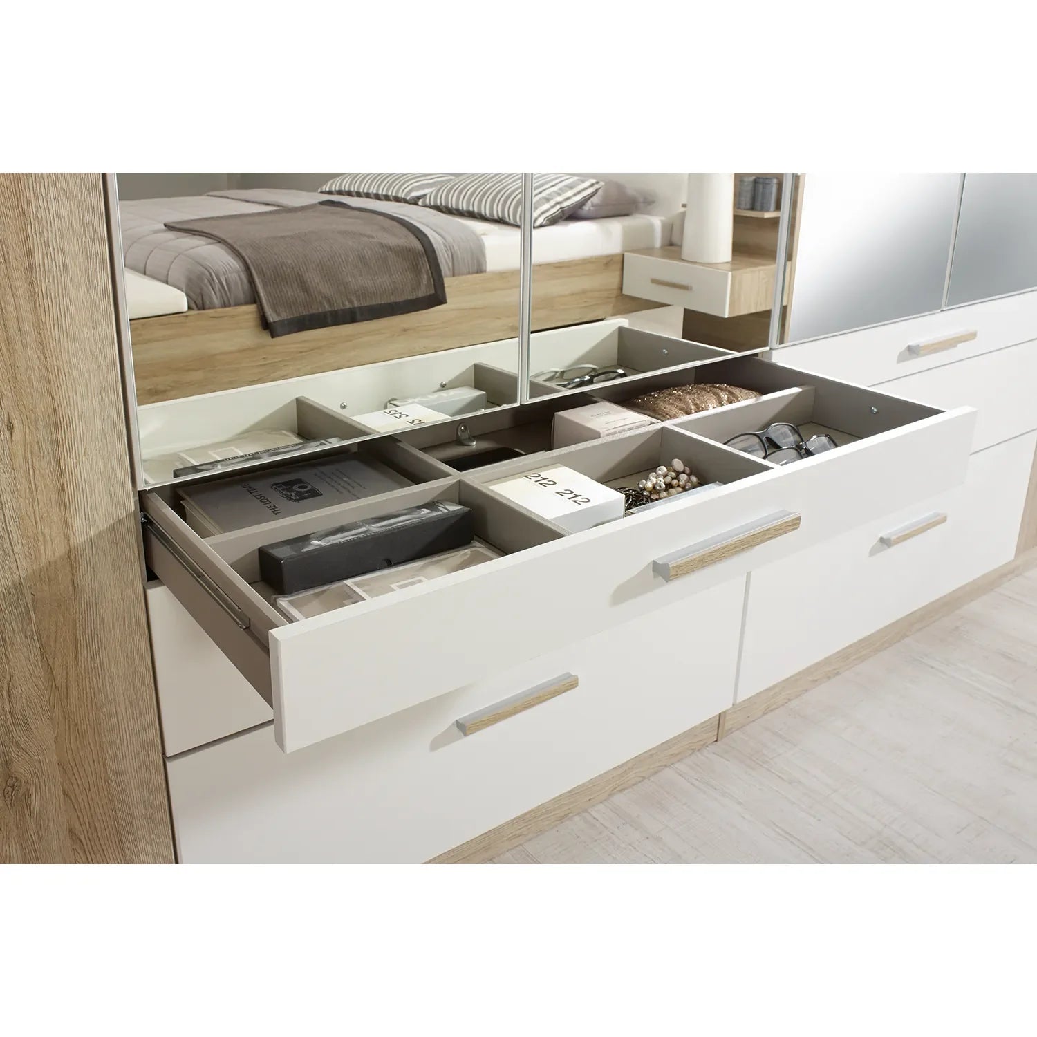 Mosbach 4 Door Graphite & Oak Wardrobe with Mirror and Drawers - 181cm - Drawers view Styled in Bedroom