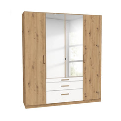 Mosbach 4 Door White & Oak Wardrobe with Mirror and Drawers - 181cm