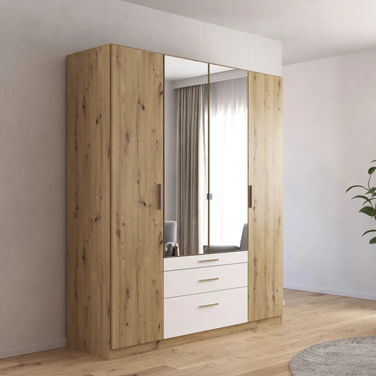 Mosbach 4 Door White & Oak Wardrobe with Mirror and Drawers - 181cm - Styled in a Bedroom