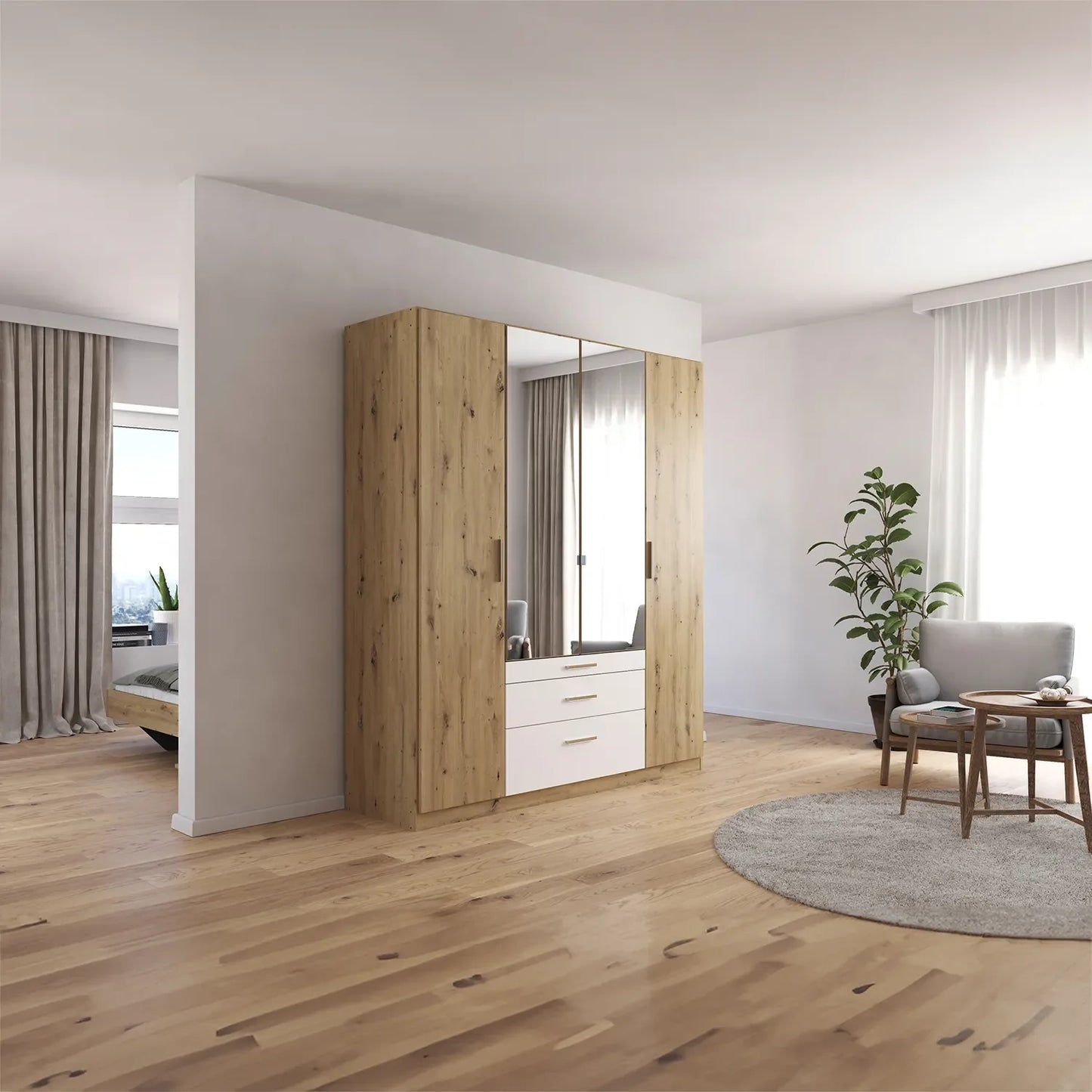 Mosbach 4 Door White & Oak Wardrobe with Mirror and Drawers - 181cm - Side Angle view
