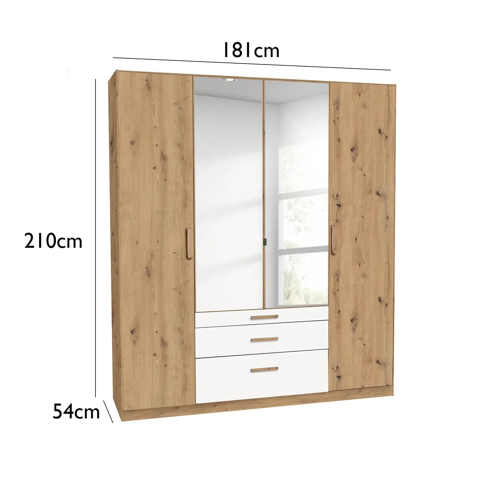 Mosbach 4 Door White & Oak Wardrobe with Mirror and Drawers - 181cm - Dimenions