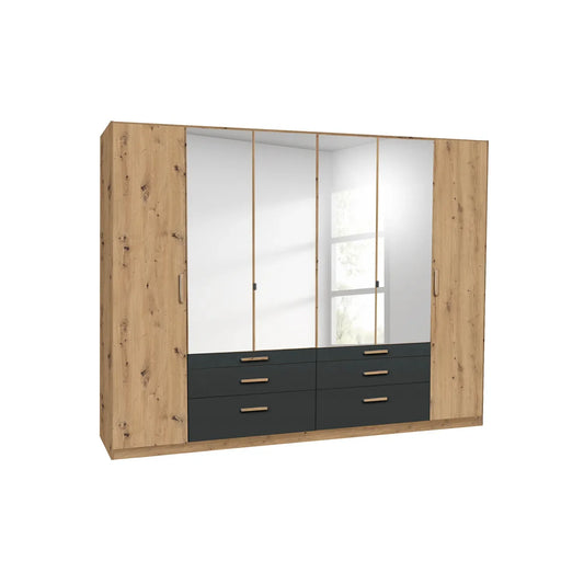 Mosbach 6 Door Graphite & Oak Wardrobe with Mirror and Drawers - 226cm