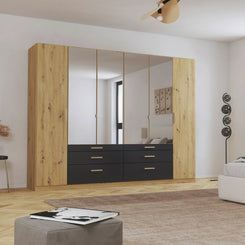 Mosbach 6 Door Graphite & Oak Wardrobe with Mirror and Drawers - 226cm - Styled in a Bedroom