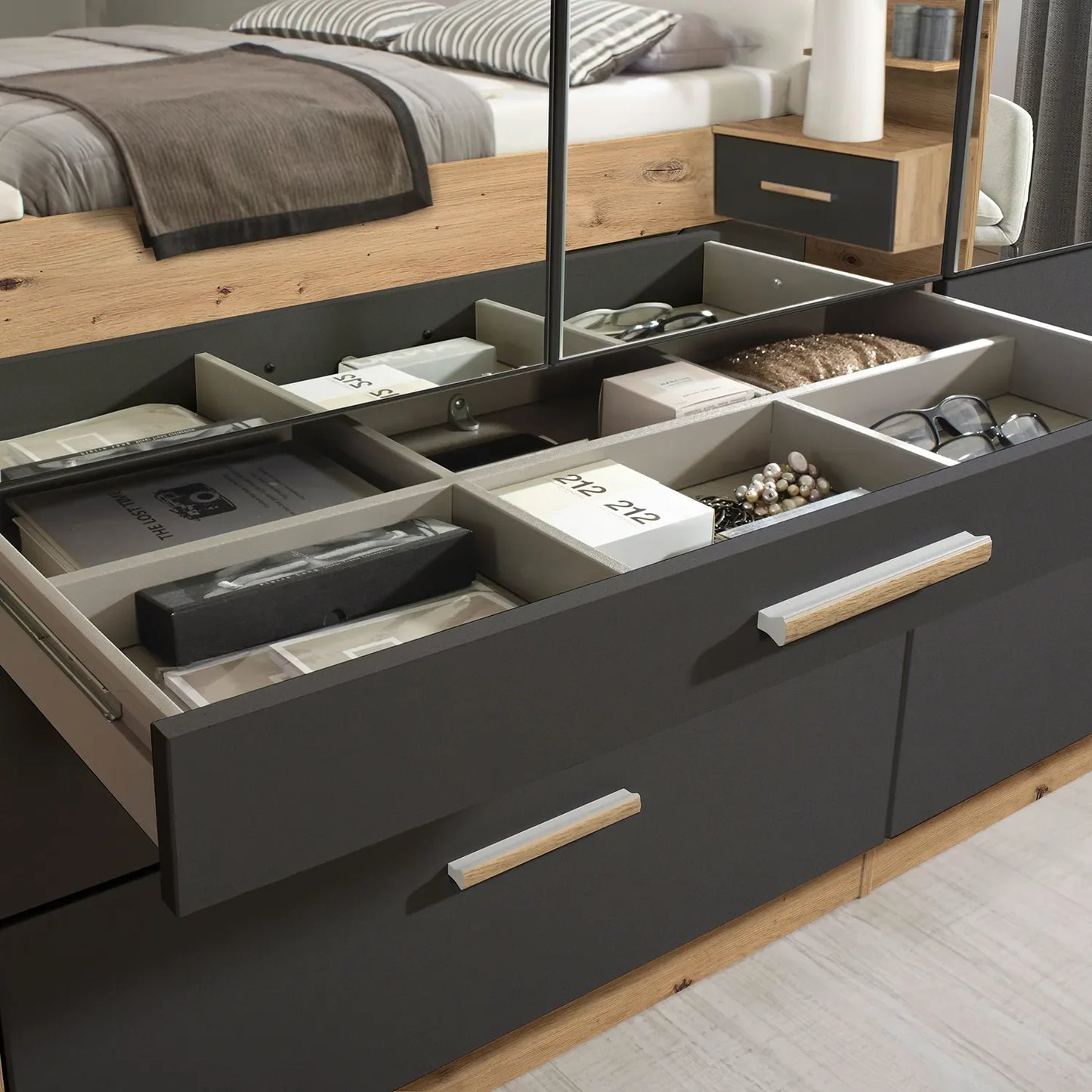 Mosbach 6 Door Graphite & Oak Wardrobe with Mirror and Drawers - 226cm - Drawers view Styled in a Living Room