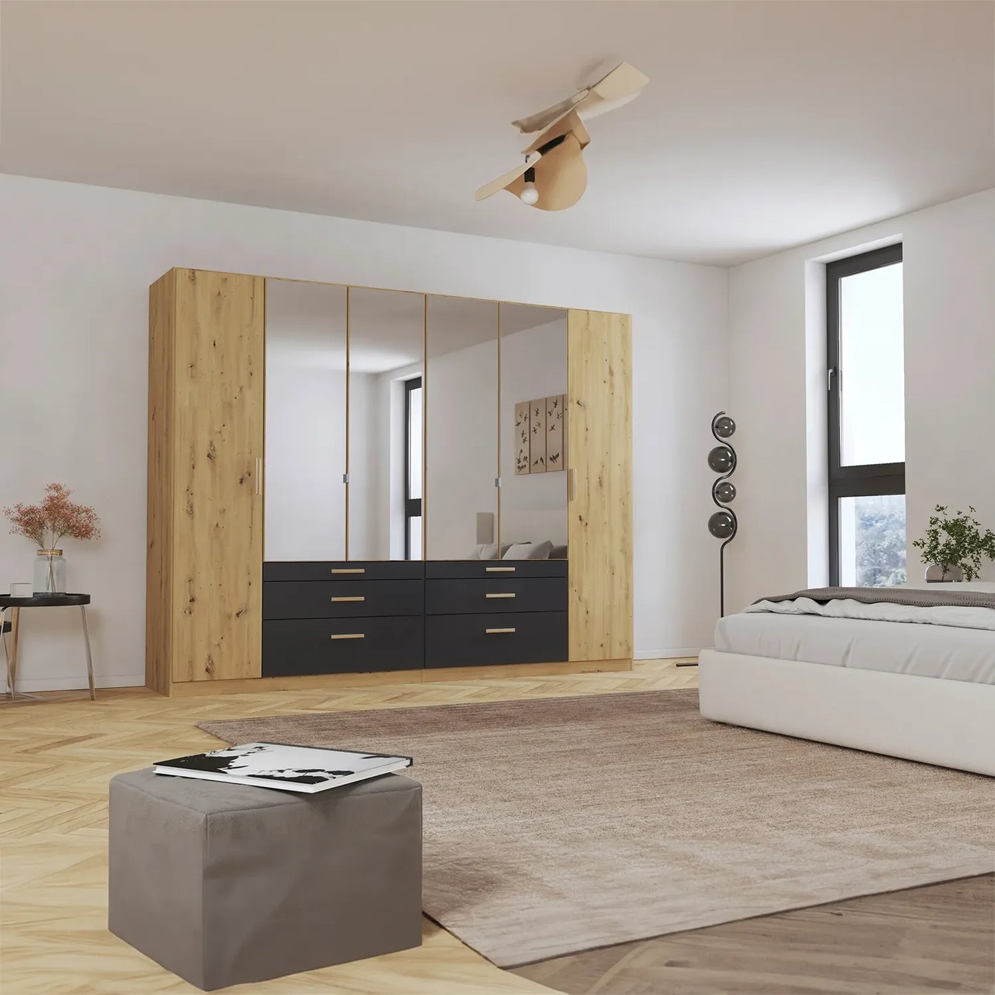 Mosbach 6 Door Graphite & Oak Wardrobe with Mirror and Drawers - 226cm - Side Angle view Styled in a Bedroom