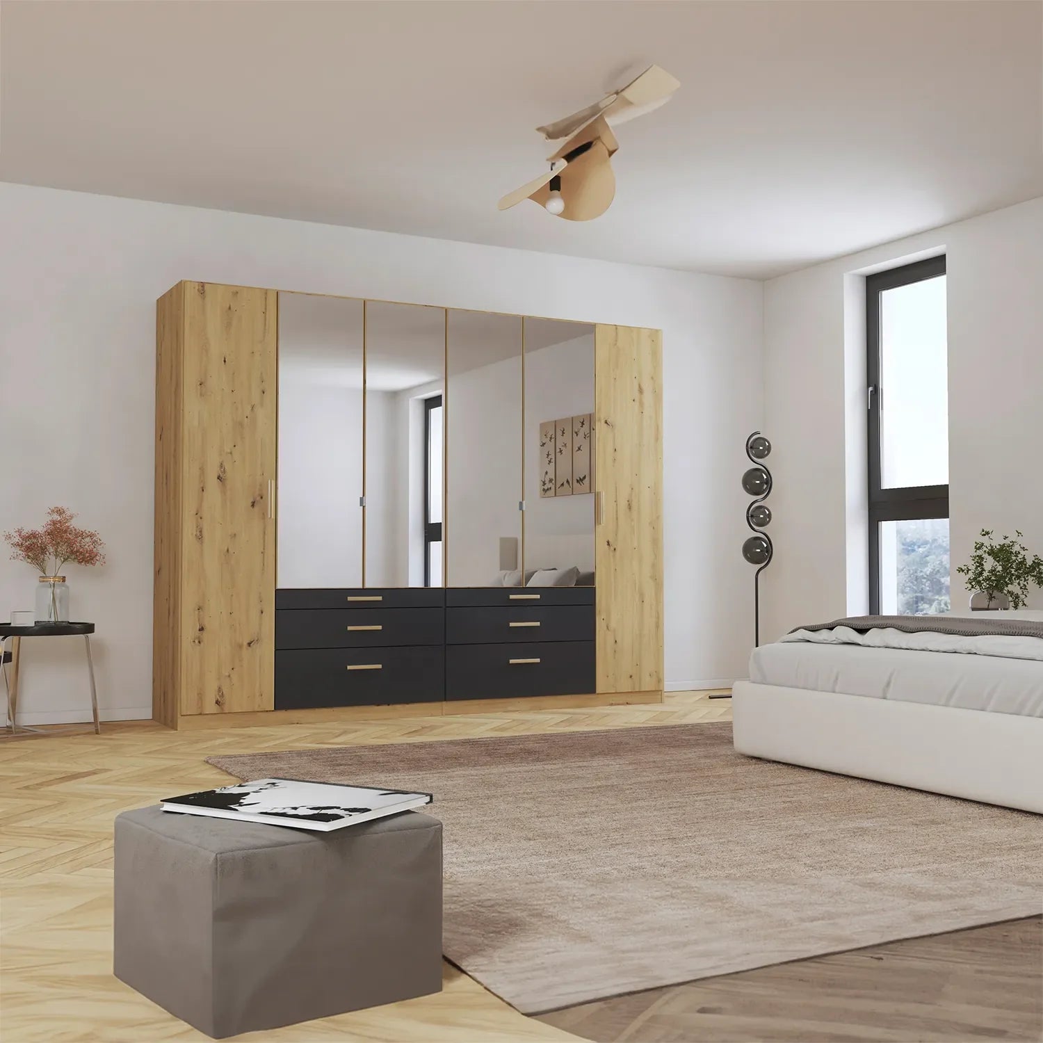 Mosbach 6 Door Graphite & Oak Wardrobe with Mirror and Drawers - 226cm - Side Angle view Styled in a Bedroom