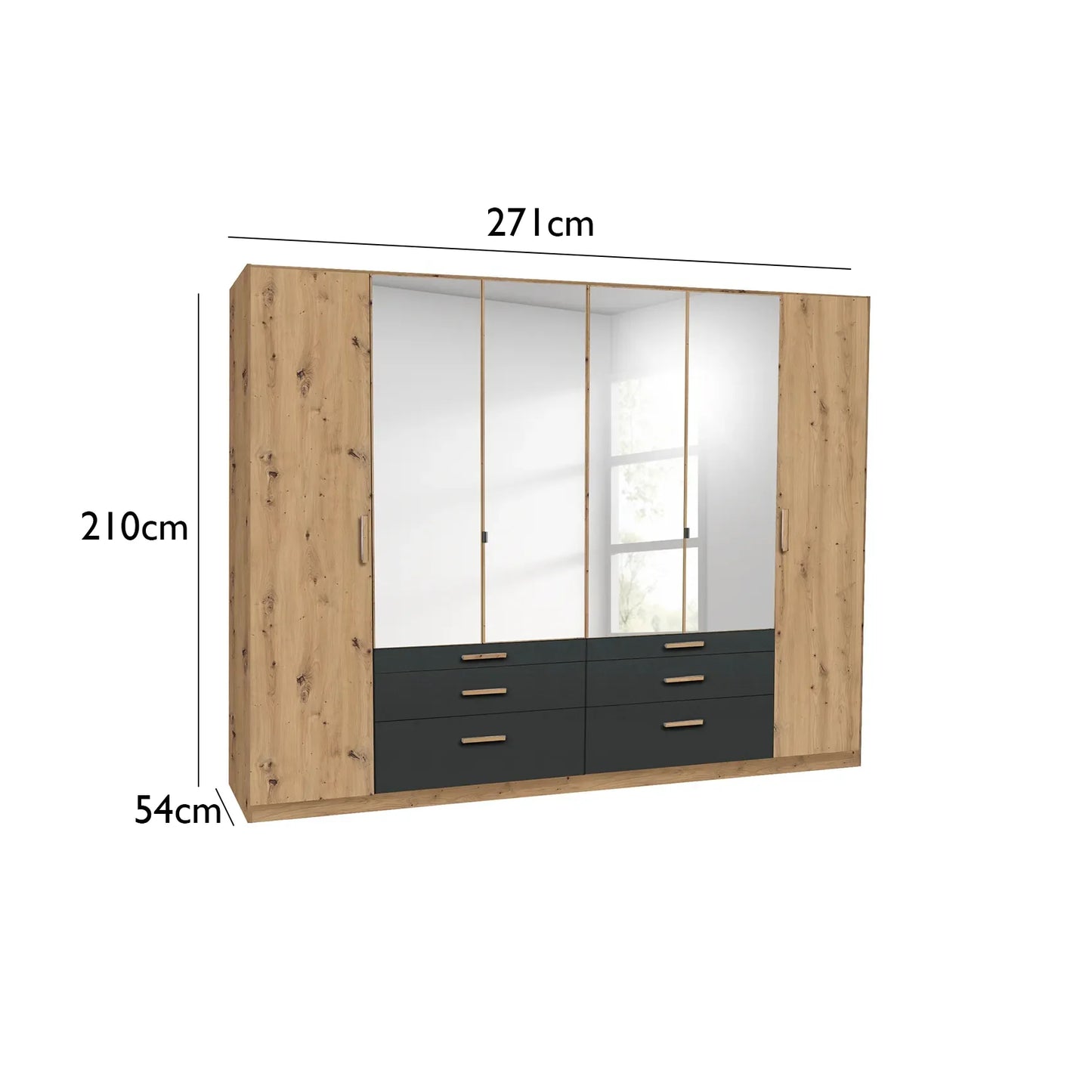 Mosbach 6 Door Graphite & Oak Wardrobe with Mirror and Drawers - 271cm - Dimensions