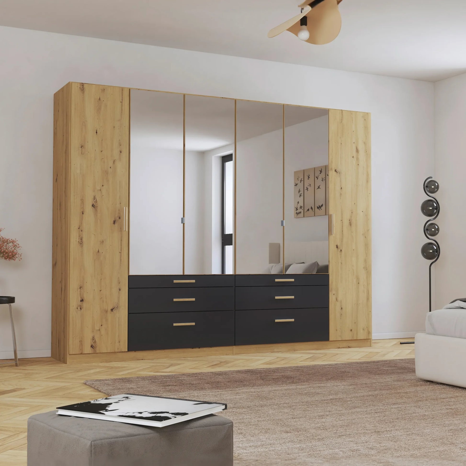 Mosbach 6 Door Graphite & Oak Wardrobe with Mirror and Drawers - 226cm - Styled in a Bedroom