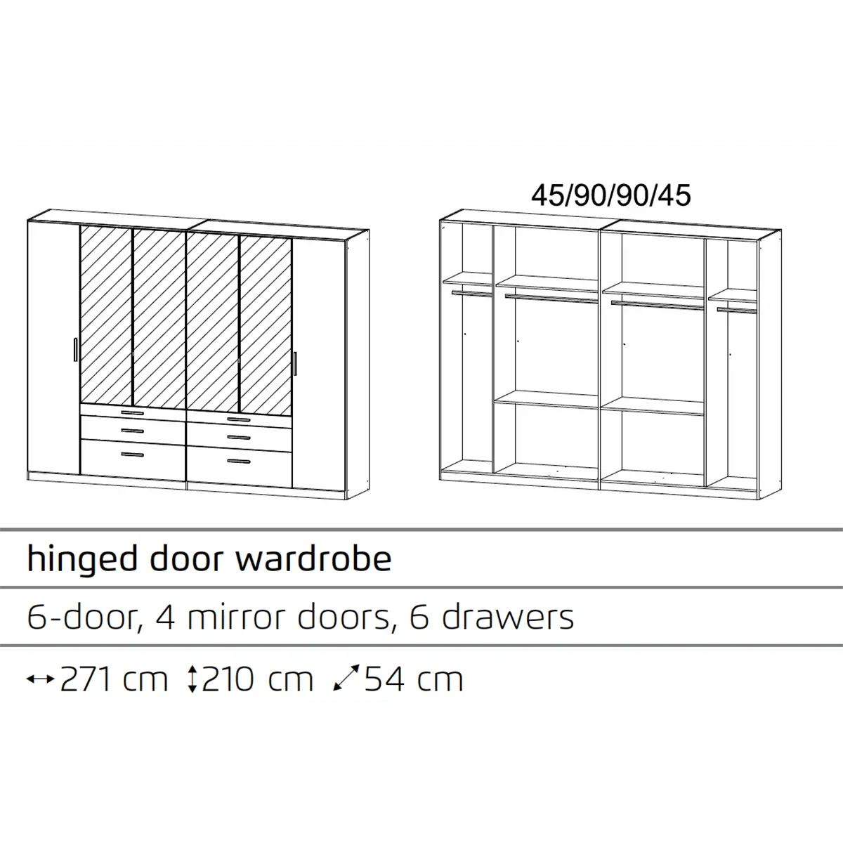 Mosbach 6 Door Graphite & Oak Wardrobe with Mirror and Drawers - 271cm - Interior view with Dimensions