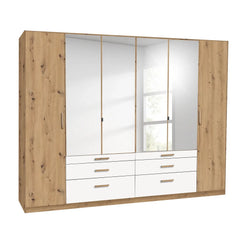 Mosbach 6 Door White & Oak Wardrobe with Mirror and Drawers - 226cm