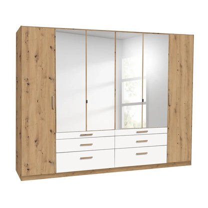 Mosbach 6 Door White & Oak Wardrobe with Mirror and Drawers - 226cm