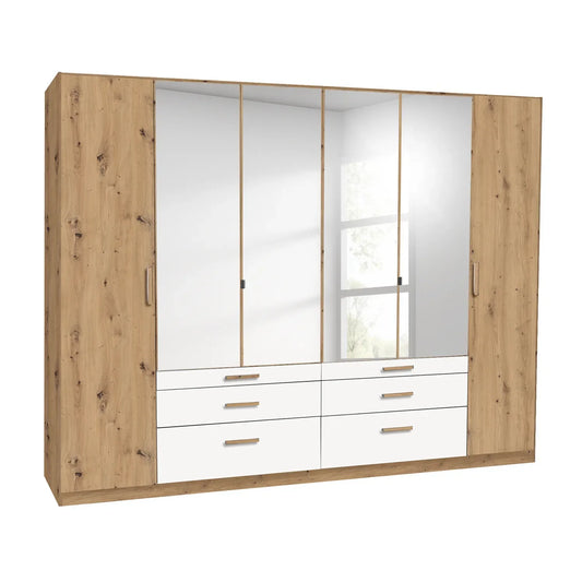 Mosbach 6 Door White & Oak Wardrobe with Mirror and Drawers - 226cm