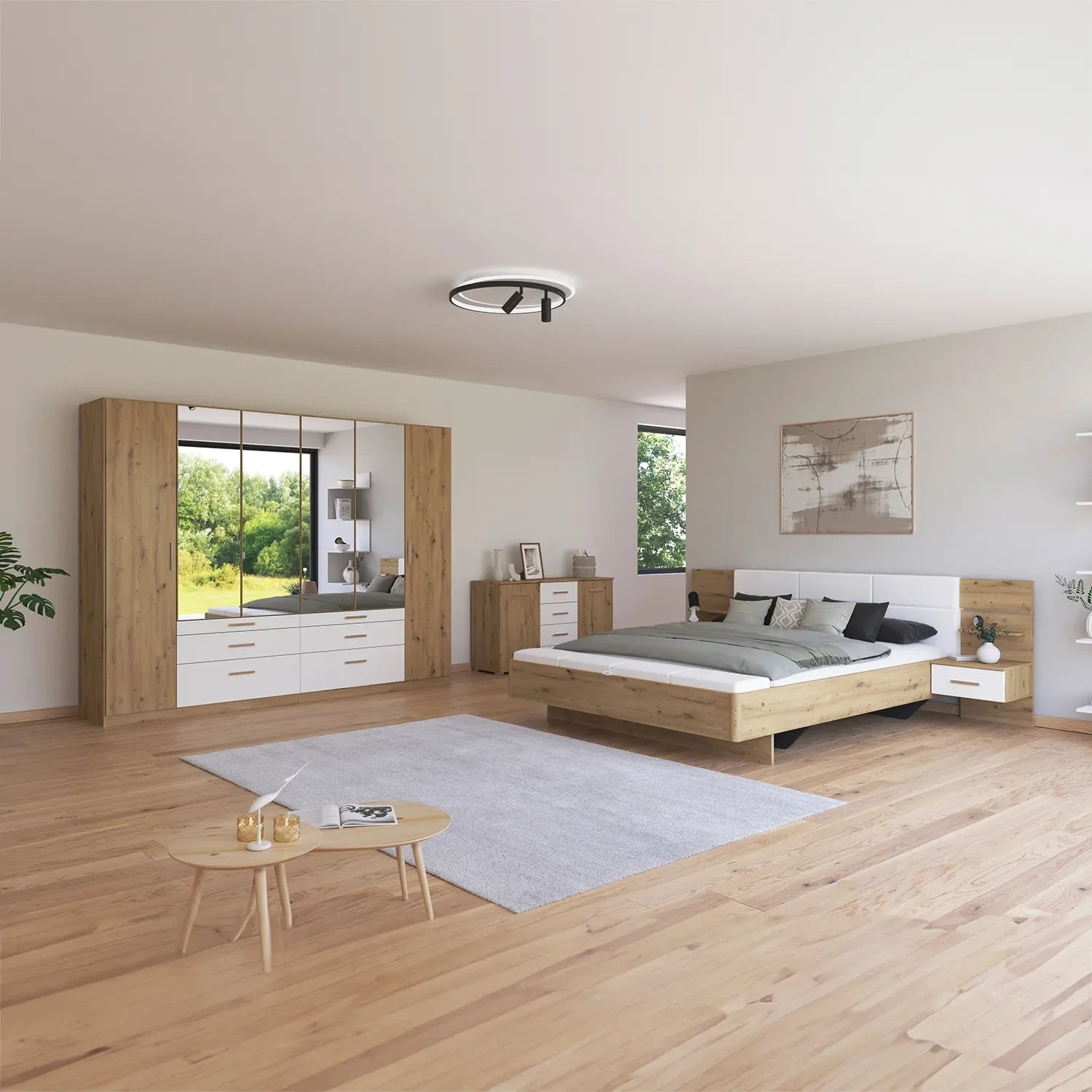 Mosbach 6 Door White & Oak Wardrobe with Mirror and Drawers - 226cm - Styled in a Bedroom