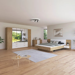 Mosbach 6 Door White & Oak Wardrobe with Mirror and Drawers - 226cm - Styled in a Bedroom