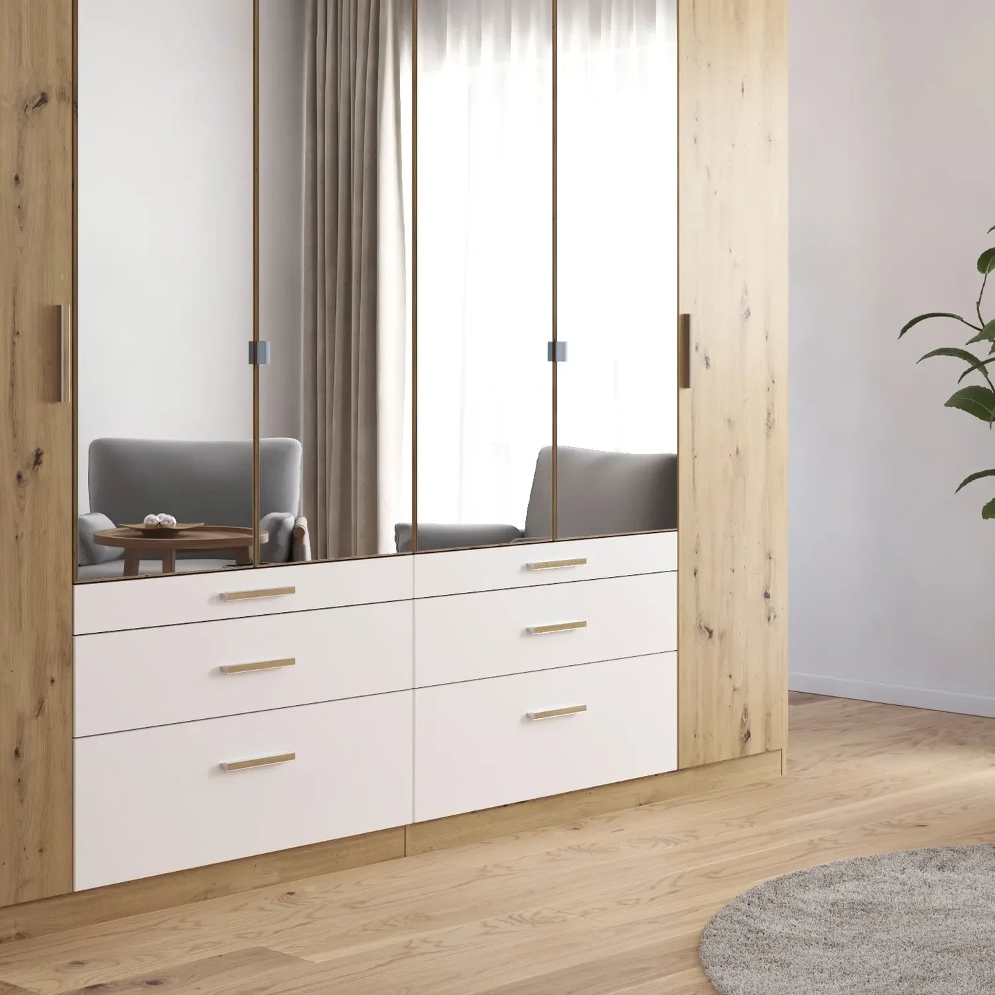 Mosbach 6 Door White & Oak Wardrobe with Mirror and Drawers - 226cm - Mirror & Drawers Close view