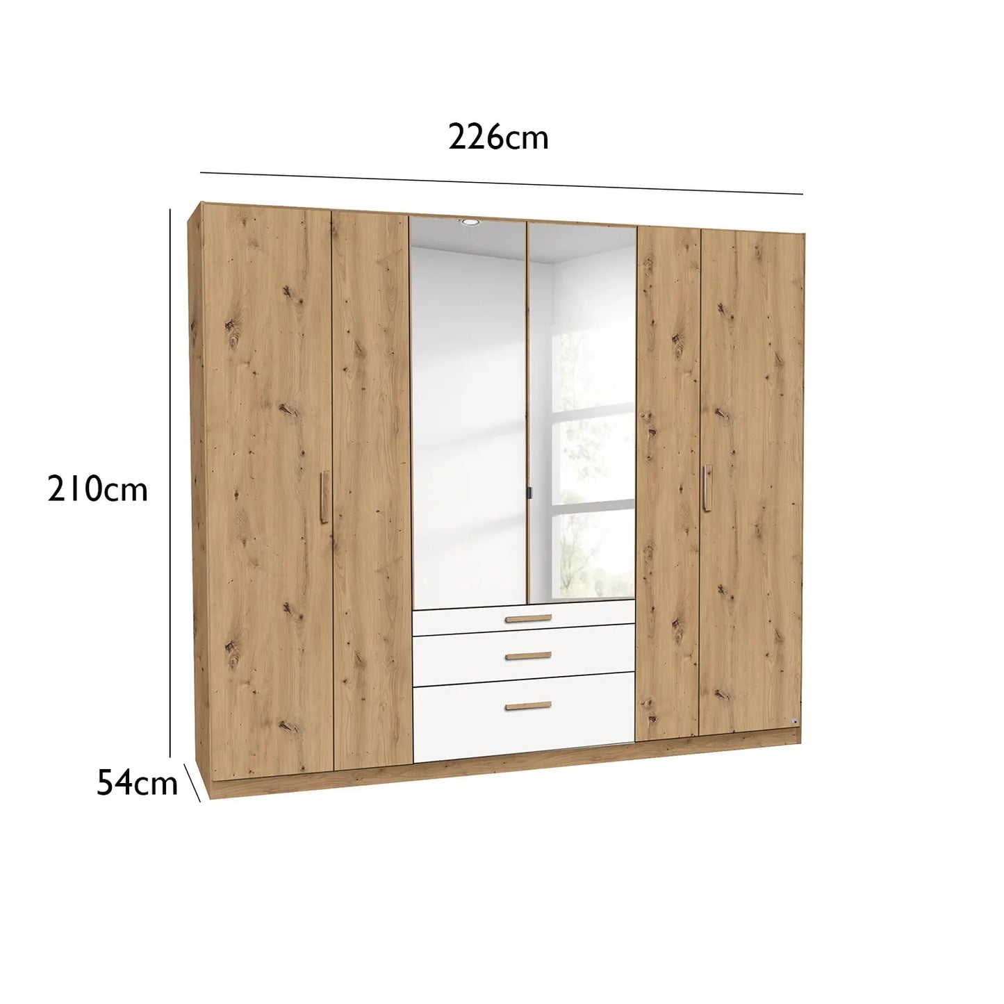 Mosbach 6 Door White & Oak Wardrobe with Mirror and Drawers - 226cm - Dimensions