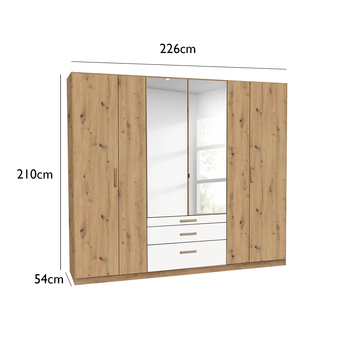 Mosbach 6 Door White & Oak Wardrobe with Mirror and Drawers - 226cm - Dimensions