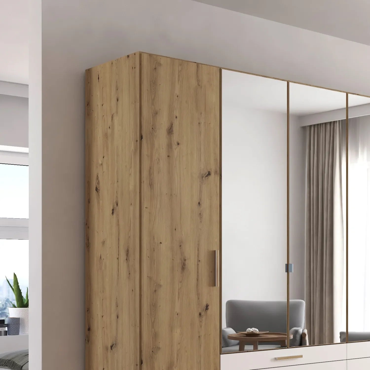 Mosbach 6 Door White & Oak Wardrobe with Mirror and Drawers - 271cm - Side Angle Close view