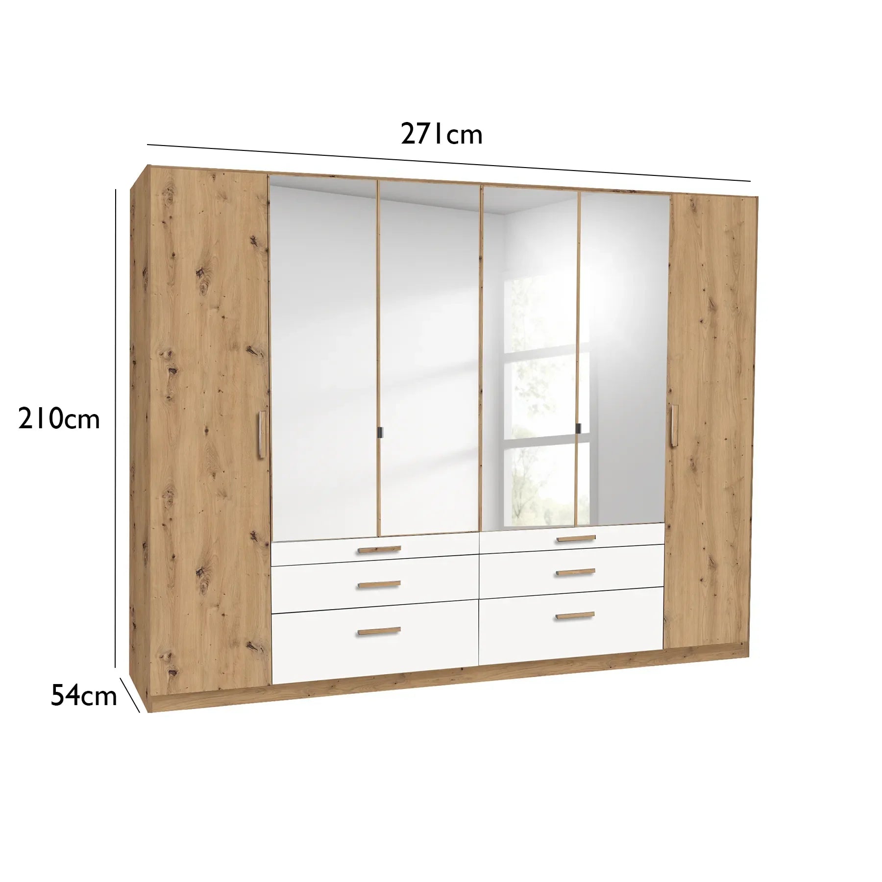 Mosbach 6 Door White & Oak Wardrobe with Mirror and Drawers - 271cm - Dimensions