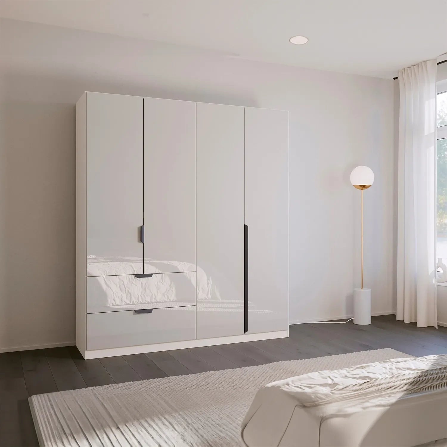 Mulheim 4 Door White Glass Wardrobe with Drawers and Mirror - Pendle Village Furniture