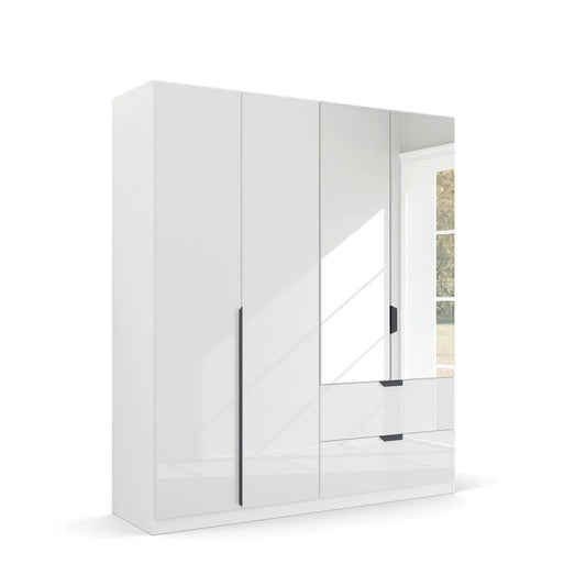 Mulheim 4 Door White Glass Wardrobe with Drawers and Mirror - Pendle Village Furniture