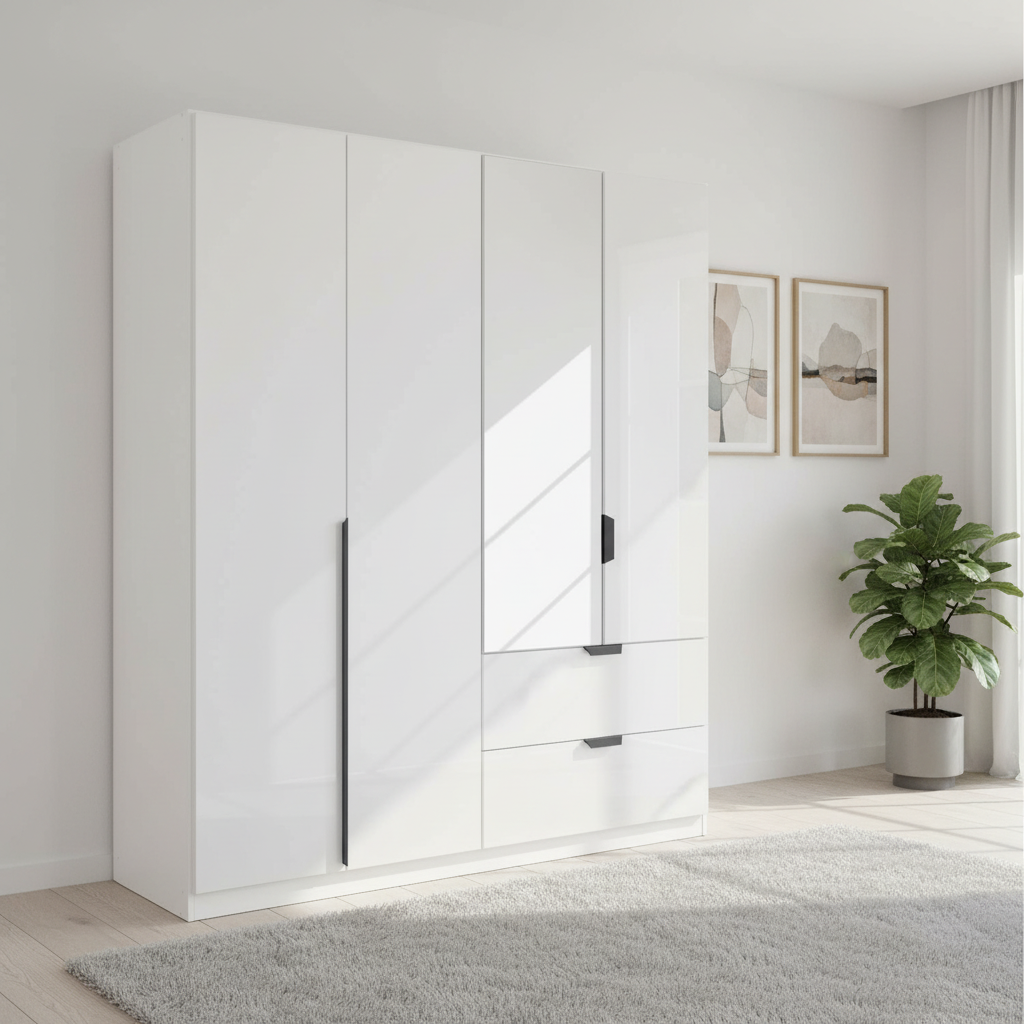 A modern white high-gloss wardrobe with mixed door styles and two drawers, shown in a bright, minimalist bedroom setting with a potted plant and framed wall art.
