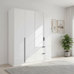 A modern white high-gloss wardrobe with mixed door styles and two drawers, shown in a bright, minimalist bedroom setting with a potted plant and framed wall art.