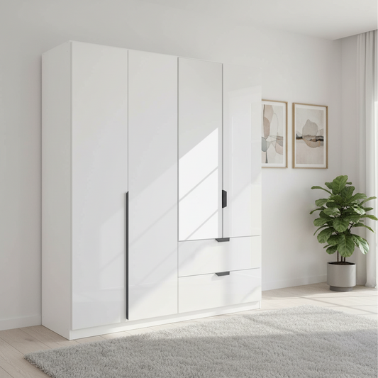 A modern white high-gloss wardrobe with mixed door styles and two drawers, shown in a bright, minimalist bedroom setting with a potted plant and framed wall art.