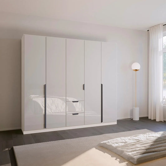 Mulheim 5 Door White Glass Wardrobe with Mirror and Drawers - Pendle Village Furniture