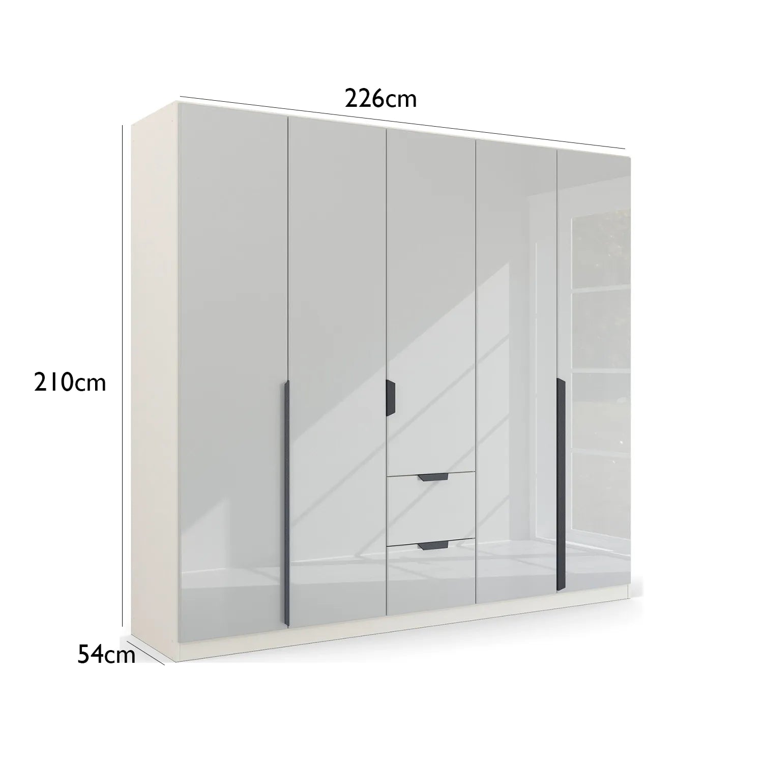 Mulheim 5 Door White Glass Wardrobe with Mirror and Drawers - Pendle Village Furniture