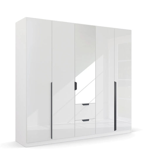 Mulheim 5 Door White Glass Wardrobe with Mirror and Drawers - Pendle Village Furniture