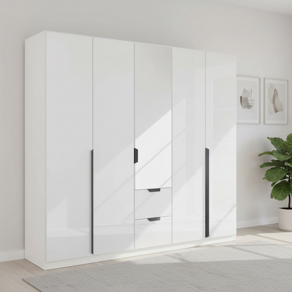 Rauch Modern Mulheim 5 Door White Glass Wardrobe with Mirror and Drawers