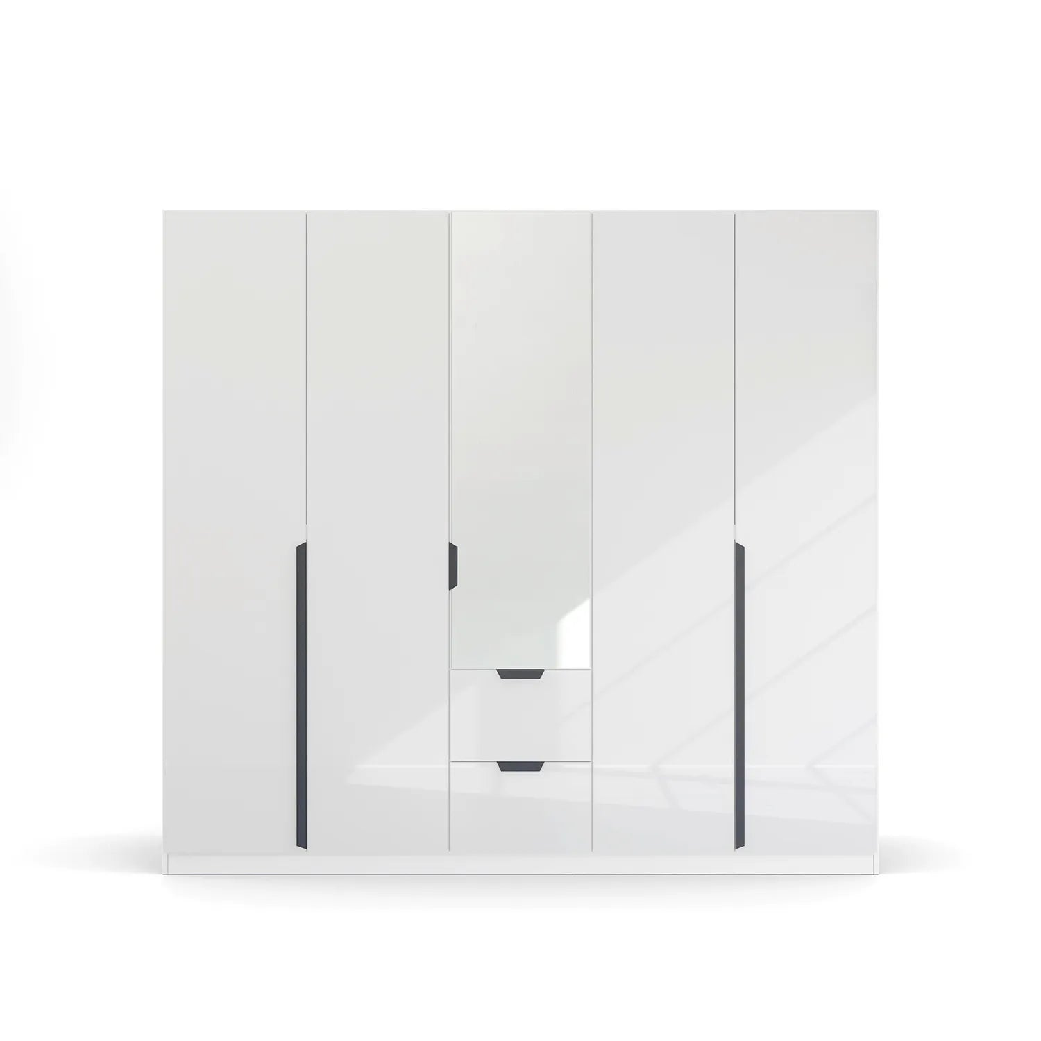 Mulheim 5 Door White Glass Wardrobe with Mirror and Drawers - Pendle Village Furniture