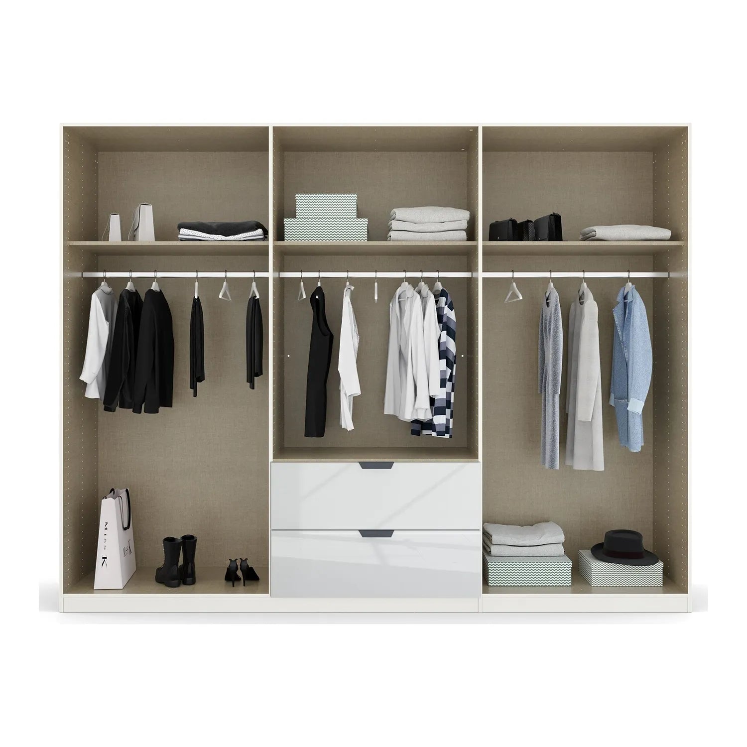 Mulheim 6 Door White Glass Wardrobe with Mirror and Drawers - Pendle Village Furniture