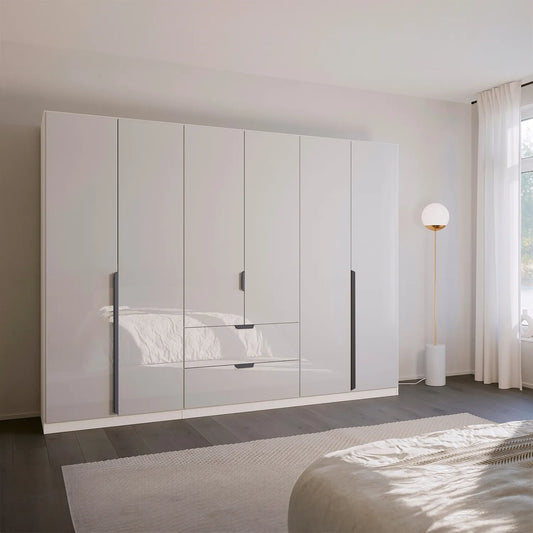 Mulheim 6 Door White Glass Wardrobe with Mirror and Drawers - Pendle Village Furniture