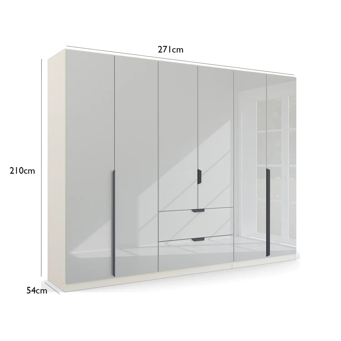 Mulheim 6 Door White Glass Wardrobe with Mirror and Drawers - Pendle Village Furniture
