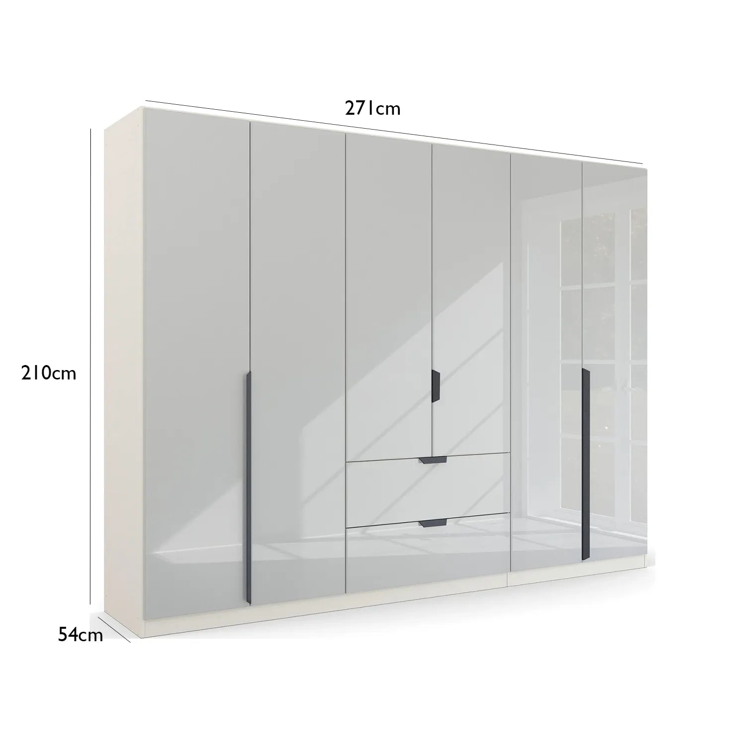 Mulheim 6 Door White Glass Wardrobe with Mirror and Drawers - Pendle Village Furniture